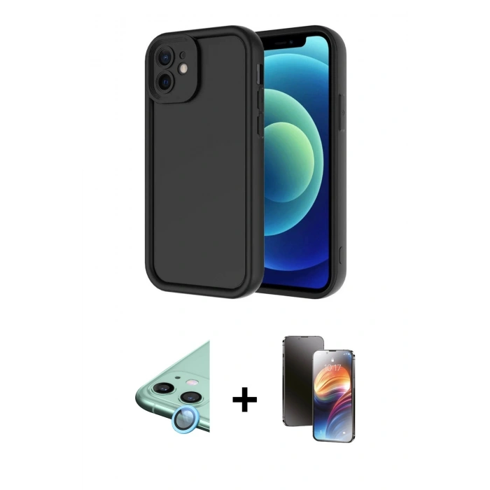 MARSİLYAN™- iPhone 11 Kılıf Yankı Yansıma Özel Seri - Siyah 3D Antistatik Mat Seramik Nano Ekran Koruyucu + Raze Metal Kamera Lens - MI