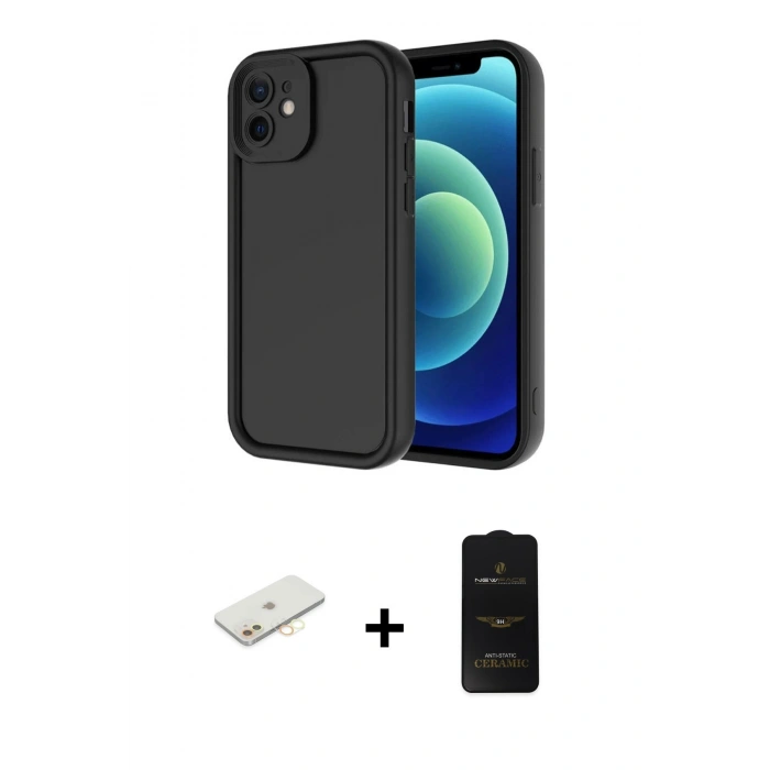 MARSİLYAN™- iPhone 11 Kılıf Yankı Yansıma Özel Seri - Siyah 6D Antistatik Mat Seramik Hayalet Nano Ekran Koruyucu + Renkli Kamera Lens Koruma Cam - SI