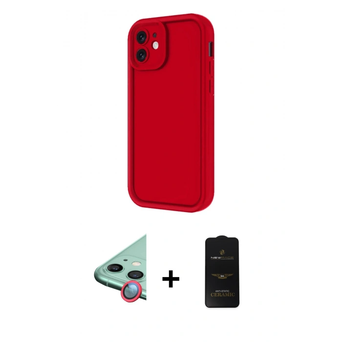 MARSİLYAN™- iPhone 11 Kılıf Yankı Yansıma Özel Seri - Siyah 6D Antistatik Mat Seramik Hayalet Nano Ekran Koruyucu + Kırmızı Raze Metal Kamera Lens