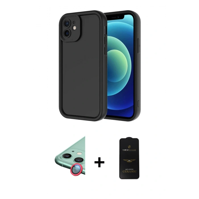 MARSİLYAN™- iPhone 11 Kılıf Yankı Yansıma Özel Seri - Siyah 6D Antistatik Mat Seramik Hayalet Nano Ekran Koruyucu + Kırmızı Raze Metal Kamera Lens