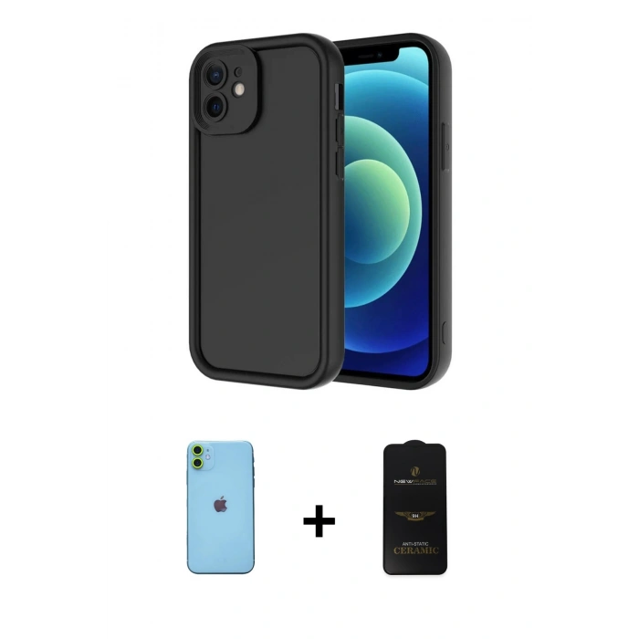 MARSİLYAN™- iPhone 11 Kılıf Yankı Yansıma Özel Seri - Siyah 6D Antistatik Mat Seramik Hayalet Nano Ekran Koruyucu + Yeşil Neon Fosforlu Kamera Lens