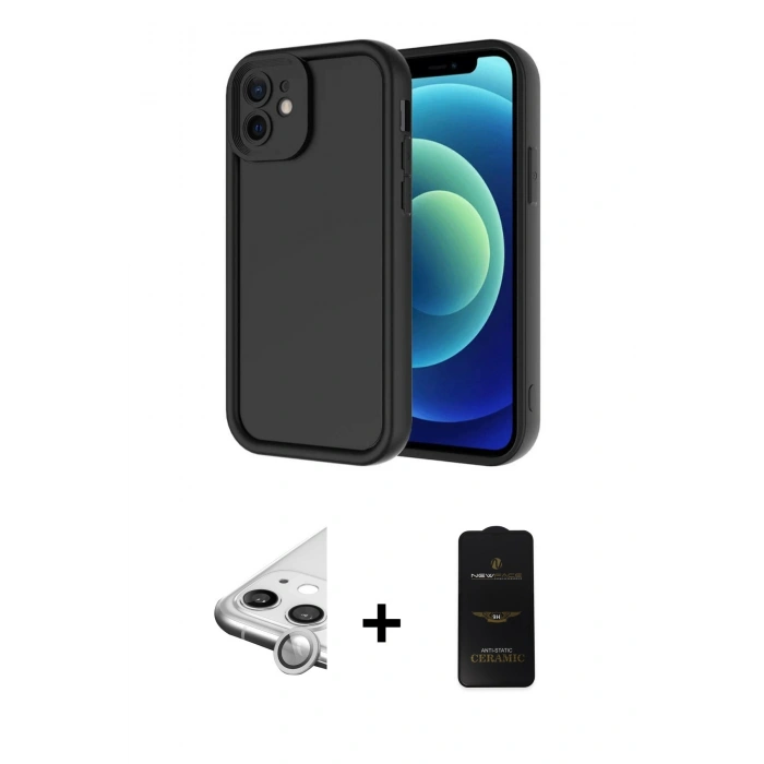 MARSİLYAN™- iPhone 11 Kılıf Yankı Yansıma Özel Seri - Siyah 6D Antistatik Mat Seramik Hayalet Nano Ekran Koruyucu + Raze Metal Kamera Lens - GS