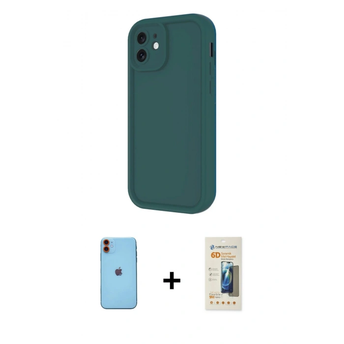 MARSİLYAN™- iPhone 11 Kılıf Yankı Yansıma Özel Seri - Siyah 6D Mat Seramik Hayalet Nano Ekran Koruyucu + Neon Fosforlu Kamera Lens - TU