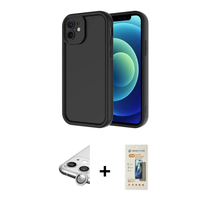 MARSİLYAN™- iPhone 11 Kılıf Yankı Yansıma Özel Seri - Siyah 6D Mat Seramik Hayalet Nano Ekran Koruyucu + Raze Metal Kamera Lens - GS