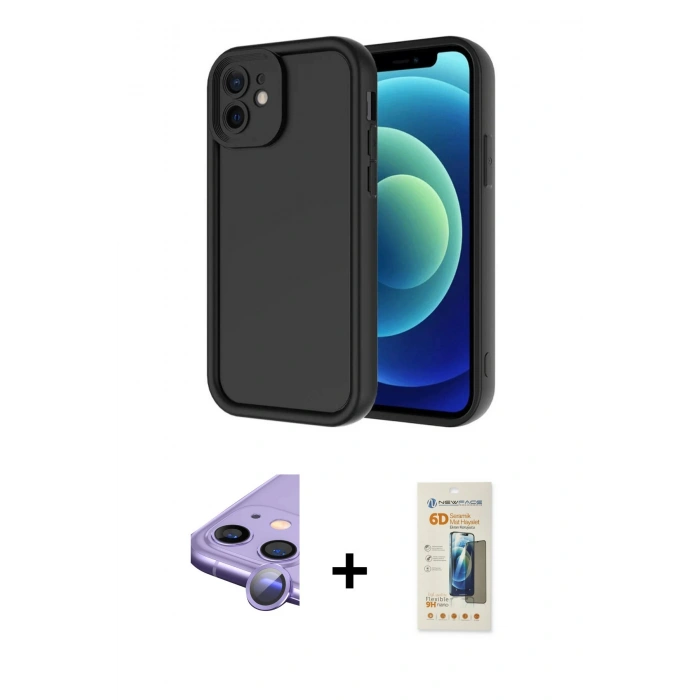 MARSİLYAN™- iPhone 11 Kılıf Yankı Yansıma Özel Seri - Siyah 6D Mat Seramik Hayalet Nano Ekran Koruyucu + Raze Metal Kamera Lens - MR