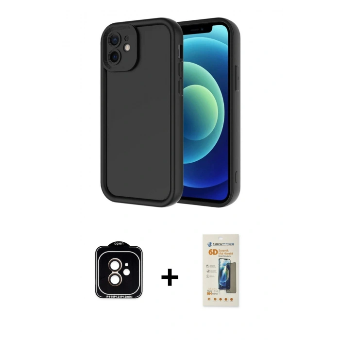 MARSİLYAN™- iPhone 11 Kılıf Yankı Yansıma Özel Seri - Siyah 6D Mat Seramik Hayalet Nano Ekran Koruyucu + PVD Metal Kamera Lens - TU
