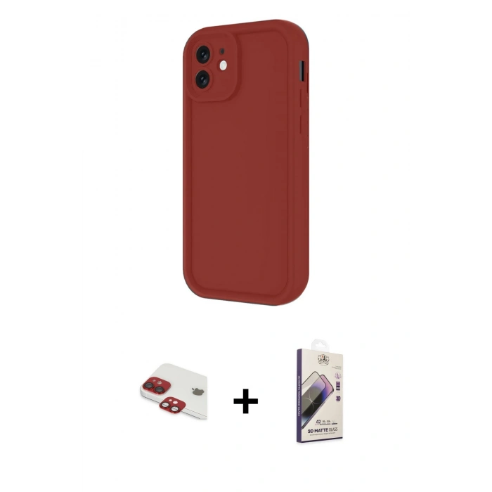 MARSİLYAN™- iPhone 11 Kılıf Yankı Yansıma Özel Seri - Siyah Bilvis 3D Mat Cam Ekran Koruyucu + Kırmızı Pers Alüminyum Kamera Lens