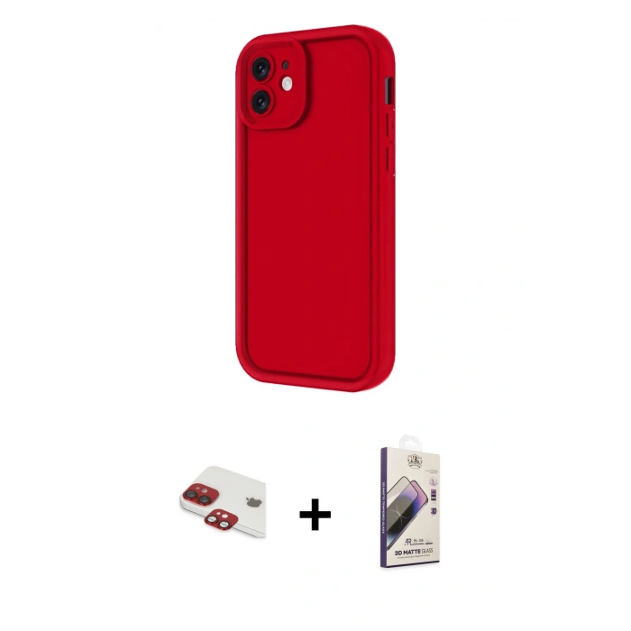 MARSİLYAN™- iPhone 11 Kılıf Yankı Yansıma Özel Seri - Siyah Bilvis 3D Mat Cam Ekran Koruyucu + Kırmızı Pers Alüminyum Kamera Lens