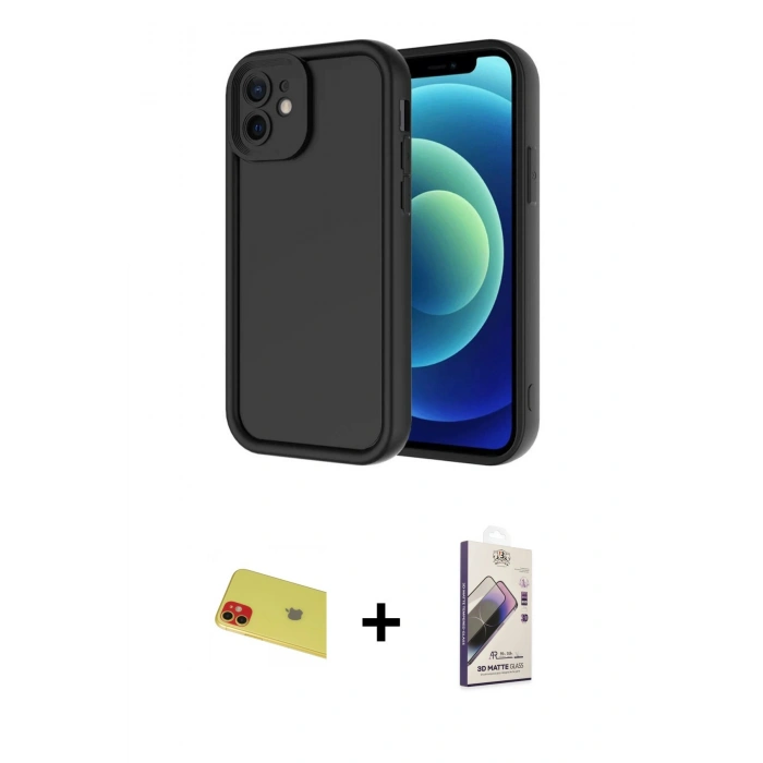 MARSİLYAN™- iPhone 11 Kılıf Yankı Yansıma Özel Seri - Siyah Bilvis 3D Mat Cam Ekran Koruyucu + Rainbow Kamera Lens Koruma Cam - KI