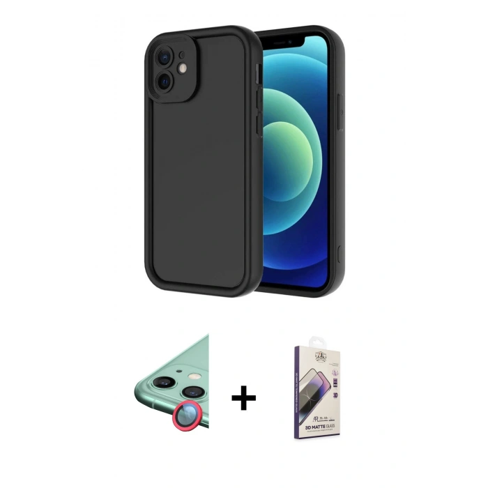 MARSİLYAN™- iPhone 11 Kılıf Yankı Yansıma Özel Seri - Siyah Bilvis 3D Mat Cam Ekran Koruyucu + Raze Metal Kamera Lens - KI