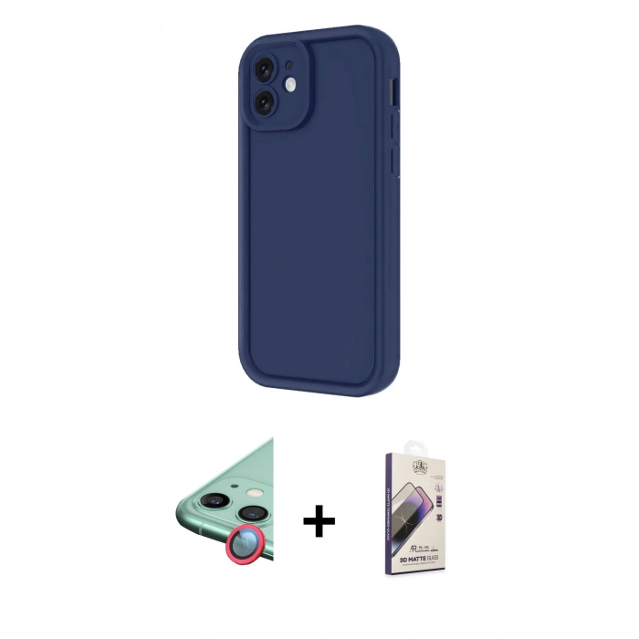 MARSİLYAN™- iPhone 11 Kılıf Yankı Yansıma Özel Seri - Siyah Bilvis 3D Mat Cam Ekran Koruyucu + Raze Metal Kamera Lens - KI