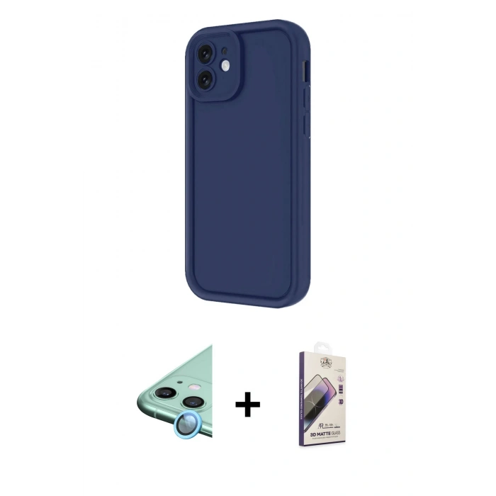 MARSİLYAN™- iPhone 11 Kılıf Yankı Yansıma Özel Seri - Siyah Bilvis 3D Mat Cam Ekran Koruyucu + Raze Metal Kamera Lens - MI