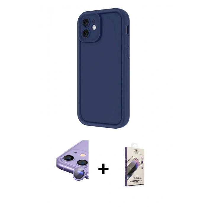 MARSİLYAN™- iPhone 11 Kılıf Yankı Yansıma Özel Seri - Siyah Bilvis 3D Mat Cam Ekran Koruyucu + Mor Raze Metal Kamera Lens