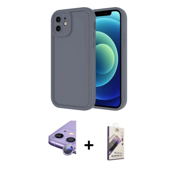 MARSİLYAN™- iPhone 11 Kılıf Yankı Yansıma Özel Seri - Siyah Bilvis 3D Mat Cam Ekran Koruyucu + Mor Raze Metal Kamera Lens
