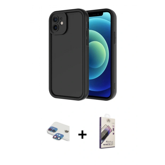 MARSİLYAN™- iPhone 11 Kılıf Yankı Yansıma Özel Seri - Siyah Bilvis 3D Mat Cam Ekran Koruyucu + Pers Alüminyum Kamera Lens - GI