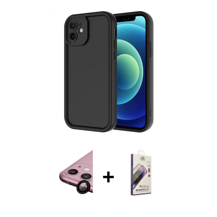 MARSİLYAN™- iPhone 11 Kılıf Yankı Yansıma Özel Seri - Siyah Bilvis 3D Mat Cam Ekran Koruyucu + Raze Metal Kamera Lens - SH