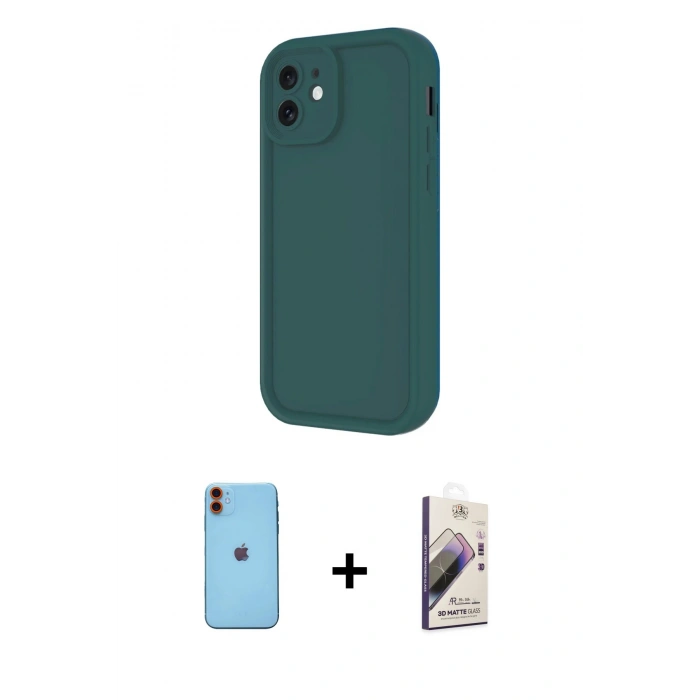 MARSİLYAN™- iPhone 11 Kılıf Yankı Yansıma Özel Seri - Siyah Bilvis 3D Mat Cam Ekran Koruyucu + Neon Fosforlu Kamera Lens - TU