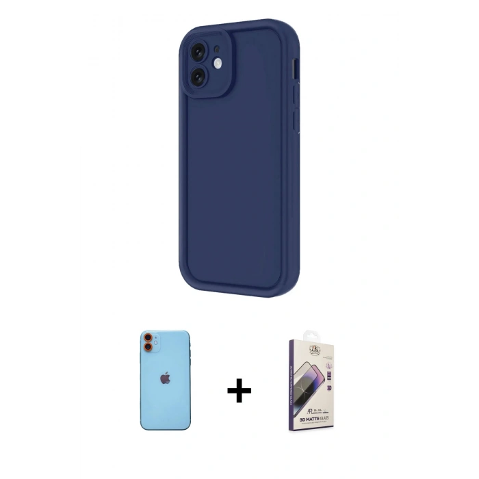 MARSİLYAN™- iPhone 11 Kılıf Yankı Yansıma Özel Seri - Siyah Bilvis 3D Mat Cam Ekran Koruyucu + Neon Fosforlu Kamera Lens - TU