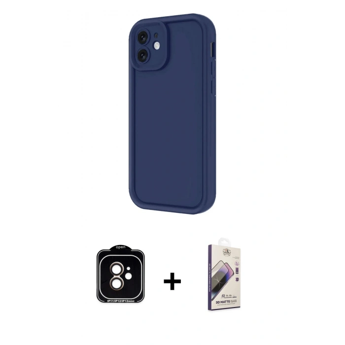 MARSİLYAN™- iPhone 11 Kılıf Yankı Yansıma Özel Seri - Siyah Bilvis 3D Mat Cam Ekran Koruyucu + Turuncu PVD Metal Kamera Lens