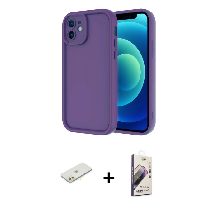 MARSİLYAN™- iPhone 11 Kılıf Yankı Yansıma Özel Seri - Siyah Bilvis 3D Mat Cam Ekran Koruyucu + Renkli Kamera Lens Koruma Cam - TU