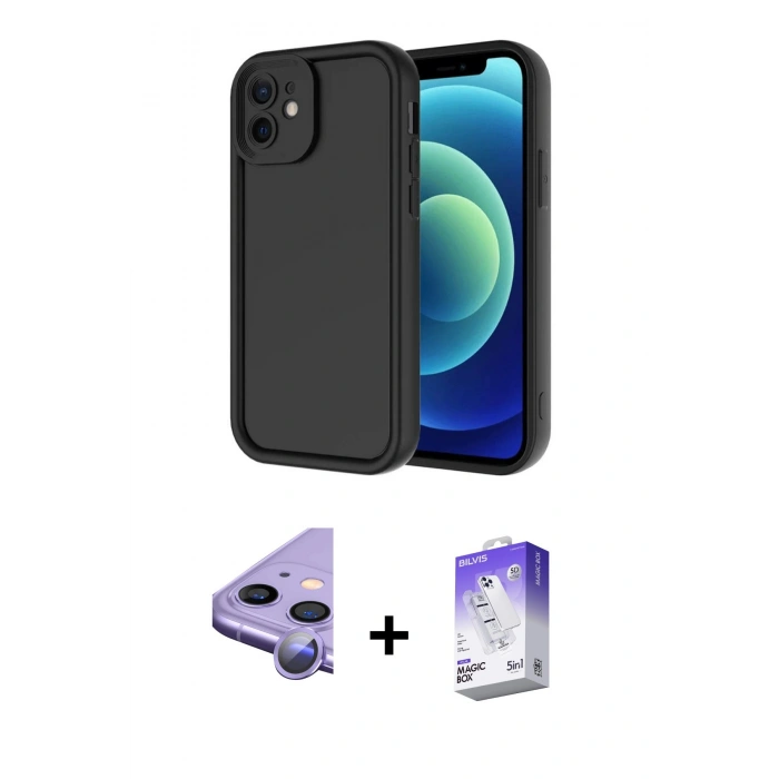 MARSİLYAN™- iPhone 11 Kılıf Yankı Yansıma Özel Seri - Siyah Bilvis 5in1 3D Magic Cam Ekran Koruyucu + Raze Metal Kamera Lens - MR
