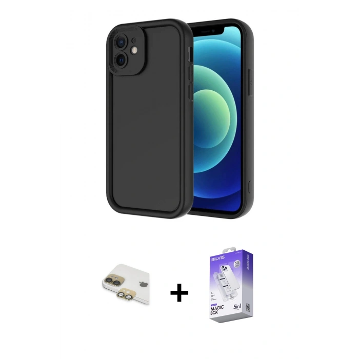 MARSİLYAN™- iPhone 11 Kılıf Yankı Yansıma Özel Seri - Siyah Bilvis 5in1 3D Magic Cam Ekran Koruyucu + Pers Alüminyum Kamera Lens - GD