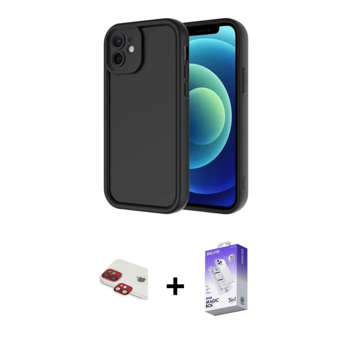 MARSİLYAN™- iPhone 11 Kılıf Yankı Yansıma Özel Seri - Siyah Bilvis 5in1 3D Magic Cam Ekran Koruyucu + Pers Alüminyum Kamera Lens - KI
