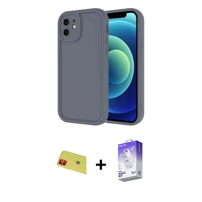 MARSİLYAN™- iPhone 11 Kılıf Yankı Yansıma Özel Seri - Siyah Bilvis 5in1 3D Magic Cam Ekran Koruyucu + Rainbow Kamera Lens Koruma Cam - KI