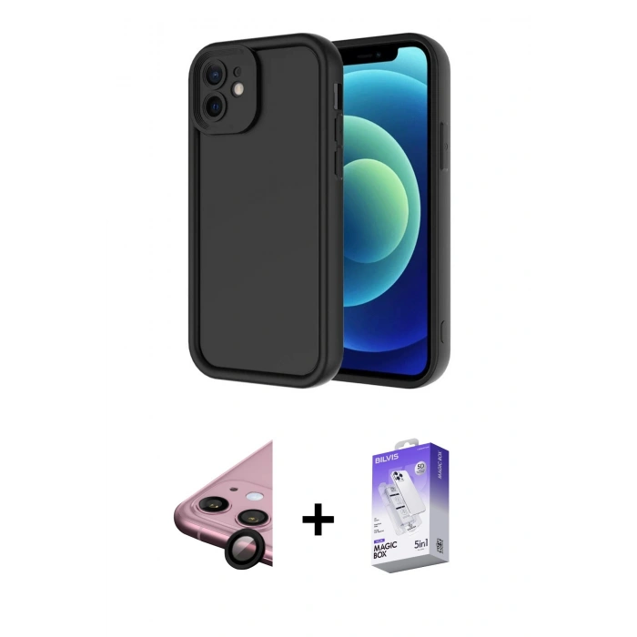 MARSİLYAN™- iPhone 11 Kılıf Yankı Yansıma Özel Seri - Siyah Bilvis 5in1 3D Magic Cam Ekran Koruyucu + Raze Metal Kamera Lens - SH