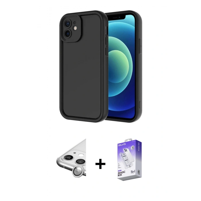 MARSİLYAN™- iPhone 11 Kılıf Yankı Yansıma Özel Seri - Siyah Bilvis 5in1 3D Magic Cam Ekran Koruyucu + Raze Metal Kamera Lens - GS