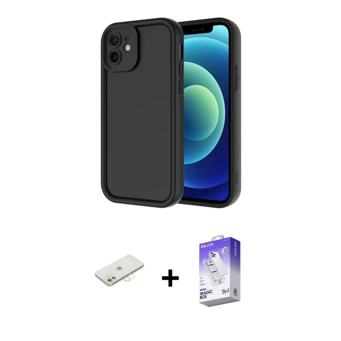 MARSİLYAN™- iPhone 11 Kılıf Yankı Yansıma Özel Seri - Siyah Bilvis 5in1 3D Magic Cam Ekran Koruyucu + Renkli Kamera Lens Koruma Cam - SI