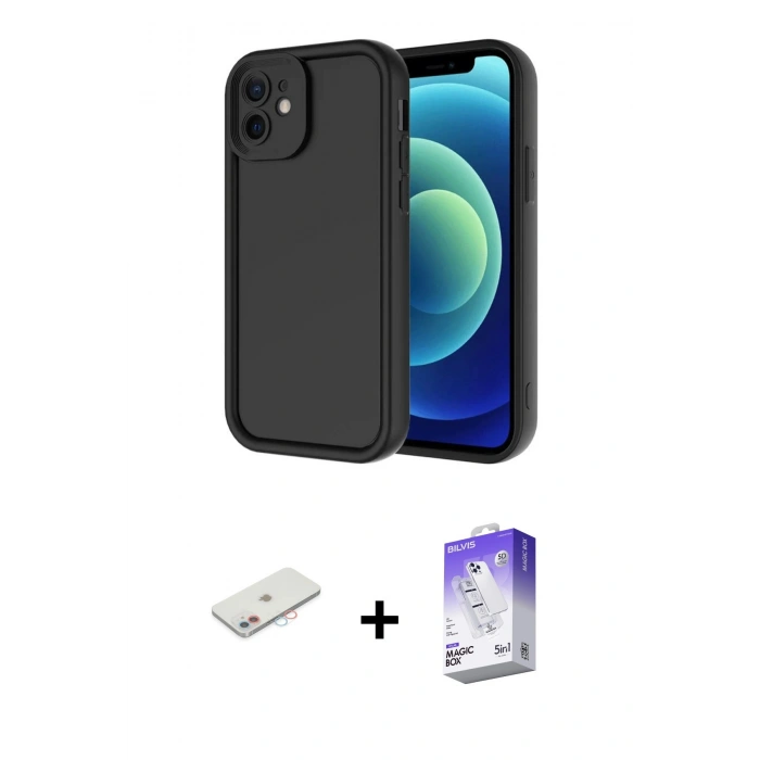 MARSİLYAN™- iPhone 11 Kılıf Yankı Yansıma Özel Seri - Siyah Bilvis 5in1 3D Magic Cam Ekran Koruyucu + Renkli Kamera Lens Koruma Cam - PE
