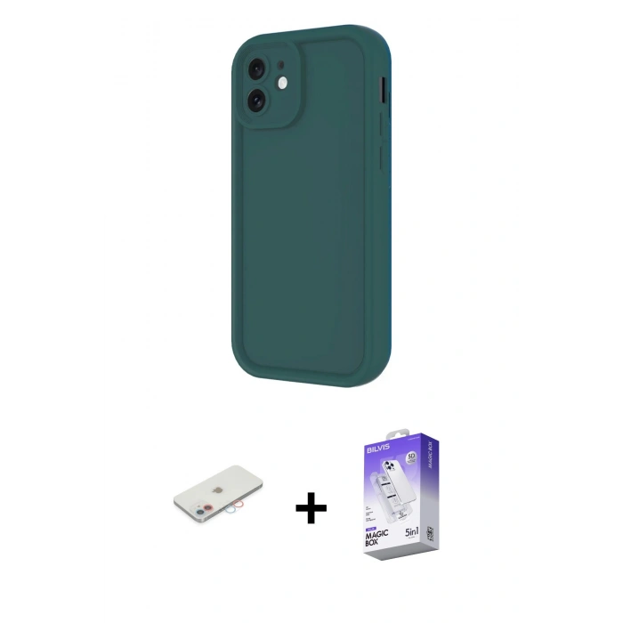 MARSİLYAN™- iPhone 11 Kılıf Yankı Yansıma Özel Seri - Siyah Bilvis 5in1 3D Magic Cam Ekran Koruyucu + Renkli Kamera Lens Koruma Cam - PE
