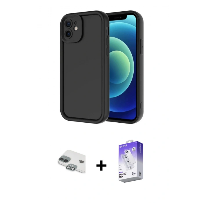 MARSİLYAN™- iPhone 11 Kılıf Yankı Yansıma Özel Seri - Siyah Bilvis 5in1 3D Magic Cam Ekran Koruyucu + Pers Alüminyum Kamera Lens - YL
