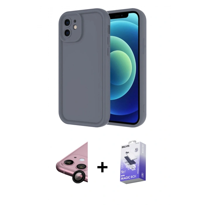 MARSİLYAN™- iPhone 11 Kılıf Yankı Yansıma Özel Seri - Siyah Bilvis 5in1 5D Magic Hayalet Cam Ekran Koruyucu + Raze Metal Kamera Lens - SH