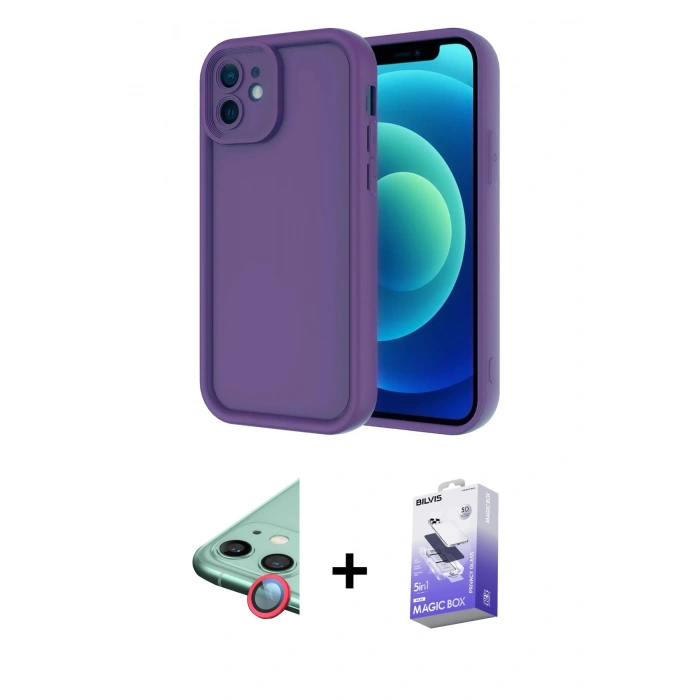 MARSİLYAN™- iPhone 11 Kılıf Yankı Yansıma Özel Seri - Siyah Bilvis 5in1 5D Magic Hayalet Cam Ekran Koruyucu + Kırmızı Raze Metal Kamera Lens