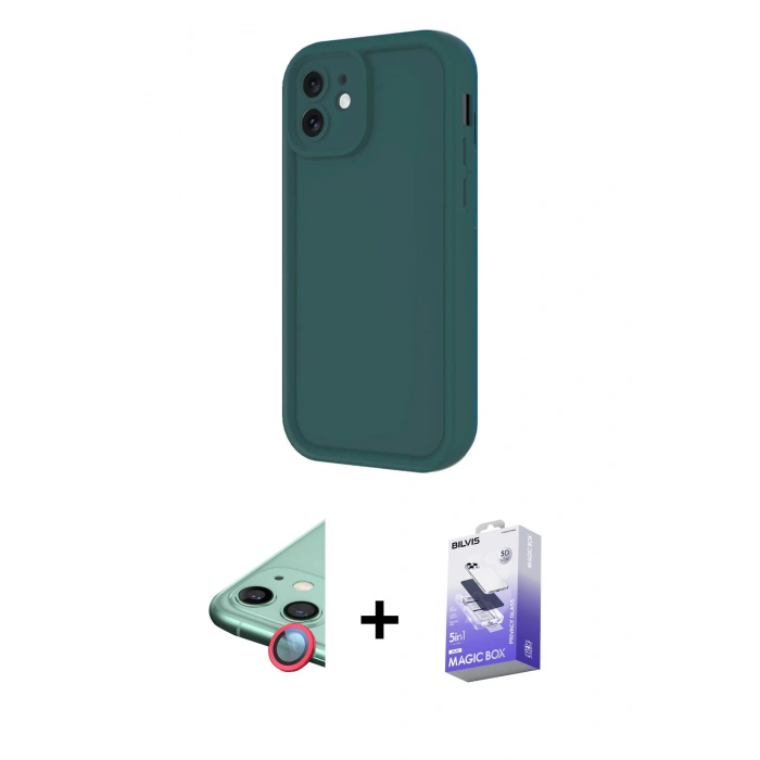 MARSİLYAN™- iPhone 11 Kılıf Yankı Yansıma Özel Seri - Siyah Bilvis 5in1 5D Magic Hayalet Cam Ekran Koruyucu + Kırmızı Raze Metal Kamera Lens