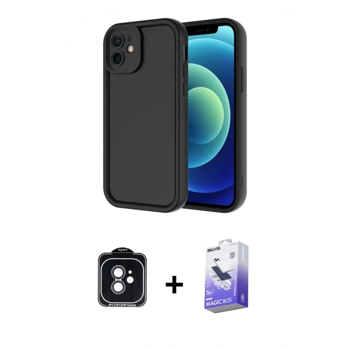 MARSİLYAN™- iPhone 11 Kılıf Yankı Yansıma Özel Seri - Siyah Bilvis 5in1 5D Magic Hayalet Cam Ekran Koruyucu + PVD Metal Kamera Lens - SH