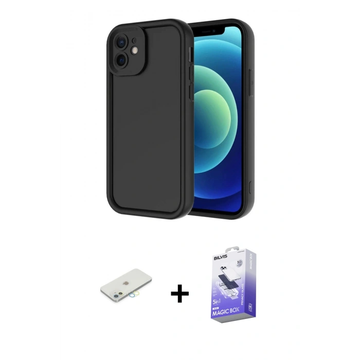 MARSİLYAN™- iPhone 11 Kılıf Yankı Yansıma Özel Seri - Siyah Bilvis 5in1 5D Magic Hayalet Cam Ekran Koruyucu + Renkli Kamera Lens Koruma Cam - SI