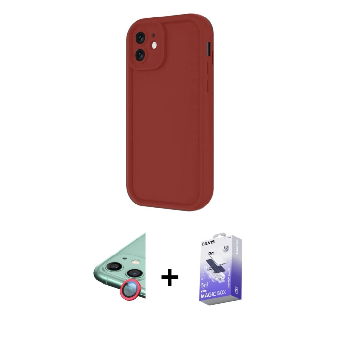 MARSİLYAN™- iPhone 11 Kılıf Yankı Yansıma Özel Seri - Siyah Bilvis 5in1 5D Magic Hayalet Cam Ekran Koruyucu + Kırmızı Raze Metal Kamera Lens
