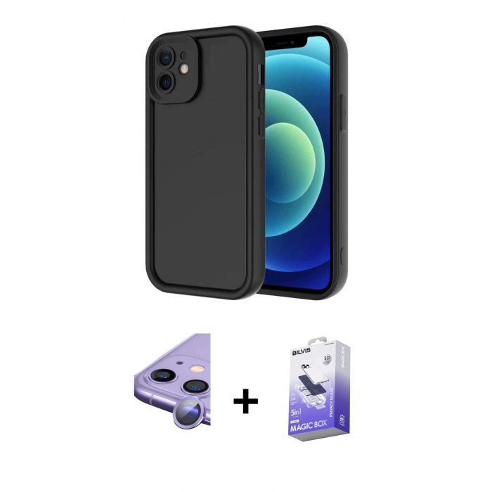 MARSİLYAN™- iPhone 11 Kılıf Yankı Yansıma Özel Seri - Siyah Bilvis 5in1 5D Magic Hayalet Cam Ekran Koruyucu + Raze Metal Kamera Lens - MR