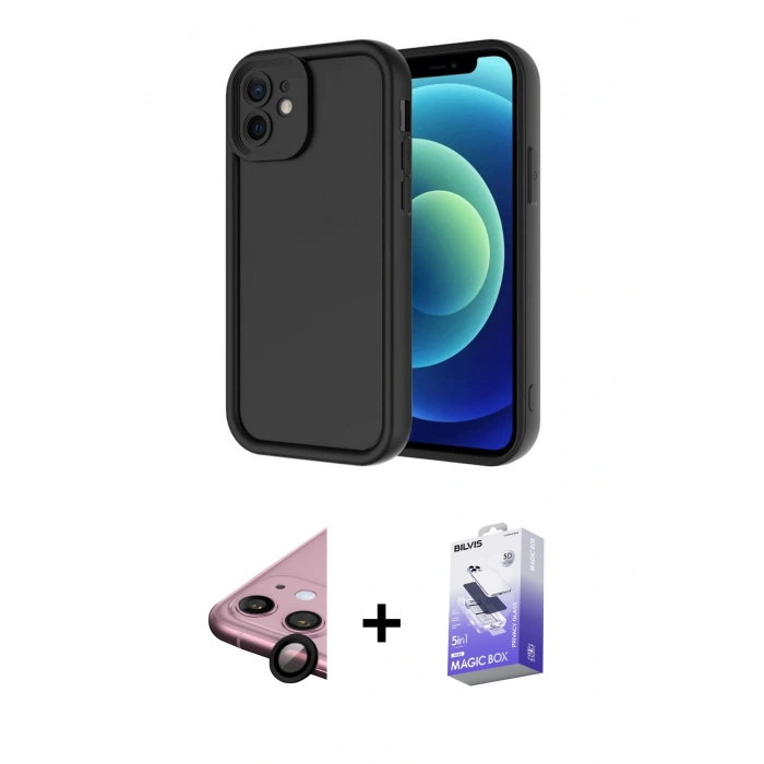 MARSİLYAN™- iPhone 11 Kılıf Yankı Yansıma Özel Seri - Siyah Bilvis 5in1 5D Magic Hayalet Cam Ekran Koruyucu + Raze Metal Kamera Lens - SH