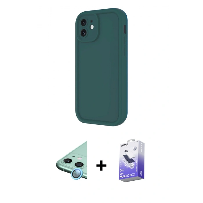MARSİLYAN™- iPhone 11 Kılıf Yankı Yansıma Özel Seri - Siyah Bilvis 5in1 5D Magic Hayalet Cam Ekran Koruyucu + Raze Metal Kamera Lens - MI