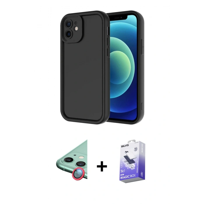 MARSİLYAN™- iPhone 11 Kılıf Yankı Yansıma Özel Seri - Siyah Bilvis 5in1 5D Magic Hayalet Cam Ekran Koruyucu + Kırmızı Raze Metal Kamera Lens