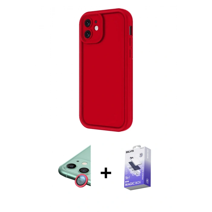 MARSİLYAN™- iPhone 11 Kılıf Yankı Yansıma Özel Seri - Siyah Bilvis 5in1 5D Magic Hayalet Cam Ekran Koruyucu + Kırmızı Raze Metal Kamera Lens