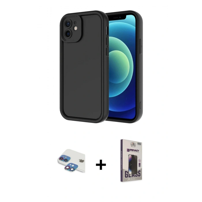 MARSİLYAN™- iPhone 11 Kılıf Yankı Yansıma Özel Seri - Siyah Bilvis Hayalet Cam Ekran Koruyucu + Pers Alüminyum Kamera Lens - GI