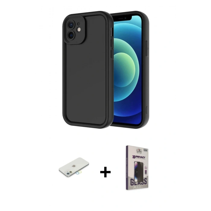 MARSİLYAN™- iPhone 11 Kılıf Yankı Yansıma Özel Seri - Siyah Bilvis Hayalet Cam Ekran Koruyucu + Renkli Kamera Lens Koruma Cam - SI