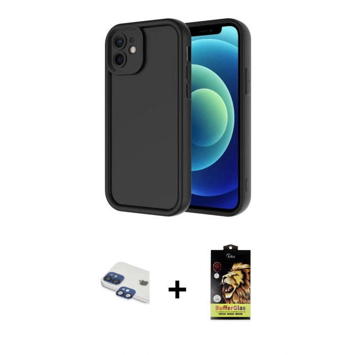 MARSİLYAN™- iPhone 11 Kılıf Yankı Yansıma Özel Seri - Siyah Buffer Cam Ekran Koruyucu + Pers Alüminyum Kamera Lens - LT