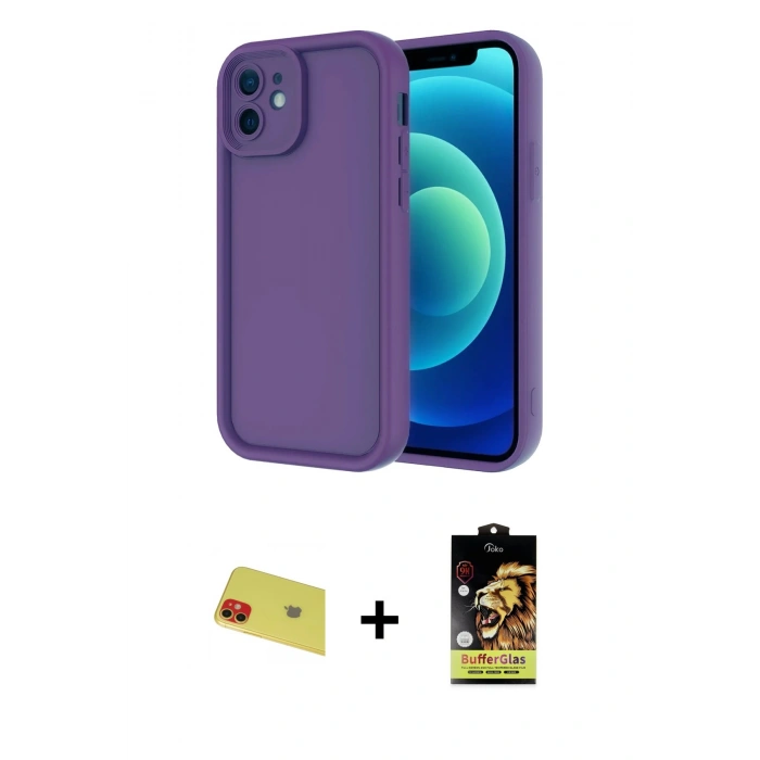 MARSİLYAN™- iPhone 11 Kılıf Yankı Yansıma Özel Seri - Siyah Buffer Cam Ekran Koruyucu + Rainbow Kamera Lens Koruma Cam - KI