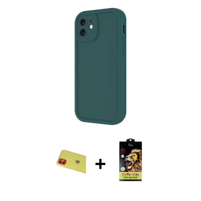 MARSİLYAN™- iPhone 11 Kılıf Yankı Yansıma Özel Seri - Siyah Buffer Cam Ekran Koruyucu + Rainbow Kamera Lens Koruma Cam - KI
